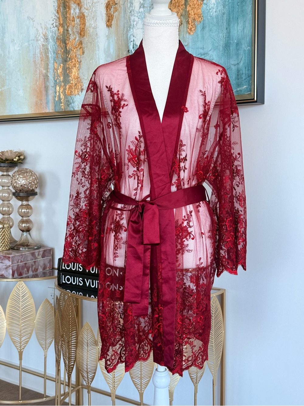 Sheer Embroidered Lace Robe in Wine Red with Satin Trim